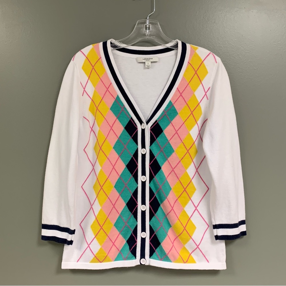 Liz Claiborne White Pink Green Yellow V-neck Button Front Cardigan 3/4 Sleeve SM
